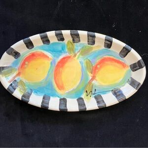 Handmade Ceramic Oval Serving Tray “Lemons On Aqua 11”x6” Original Design